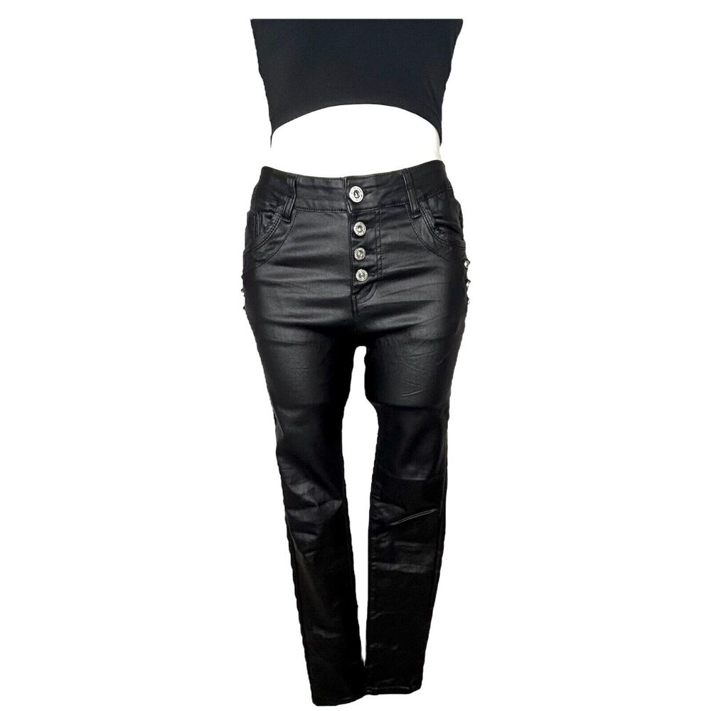 JEWELLY‎ Black Faux Leather Jeans Stretch Jegging Pants Button Fly US 8 /EU36